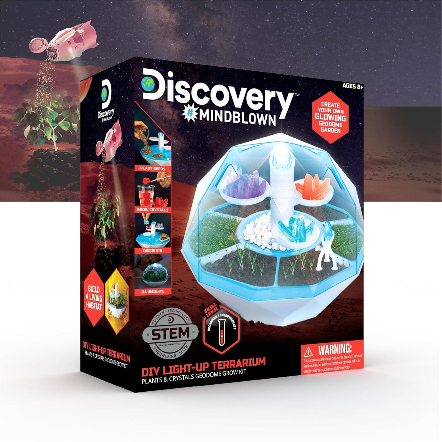 Discovery™ #Mindblown DIY Light-Up LED Terrarium - Plants & Crystals Geodome Grow Kit, 3 Colorful Crystal Formations, Rye Grass, Education STEM Activity Set, Indoor Science Experiment, Chemistry Gift