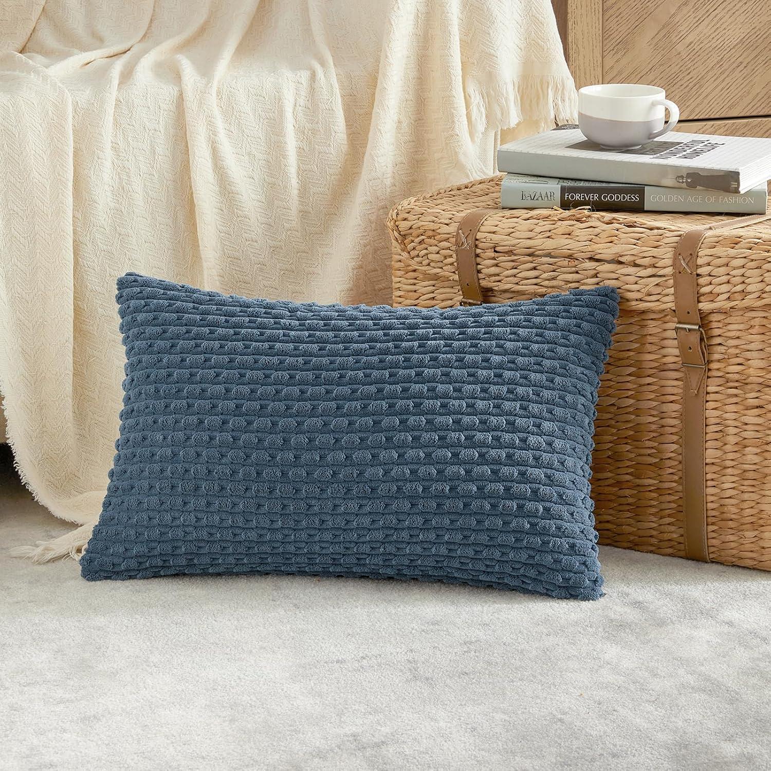 Boho Sage Green Striped Corduroy Pillow Covers - Set of 2 | Farmhouse Rectangle Cushion Cases for Sofa Couch Bed | Soft Decorative Throw Pillowcases - 12x20 Inch Home Decor