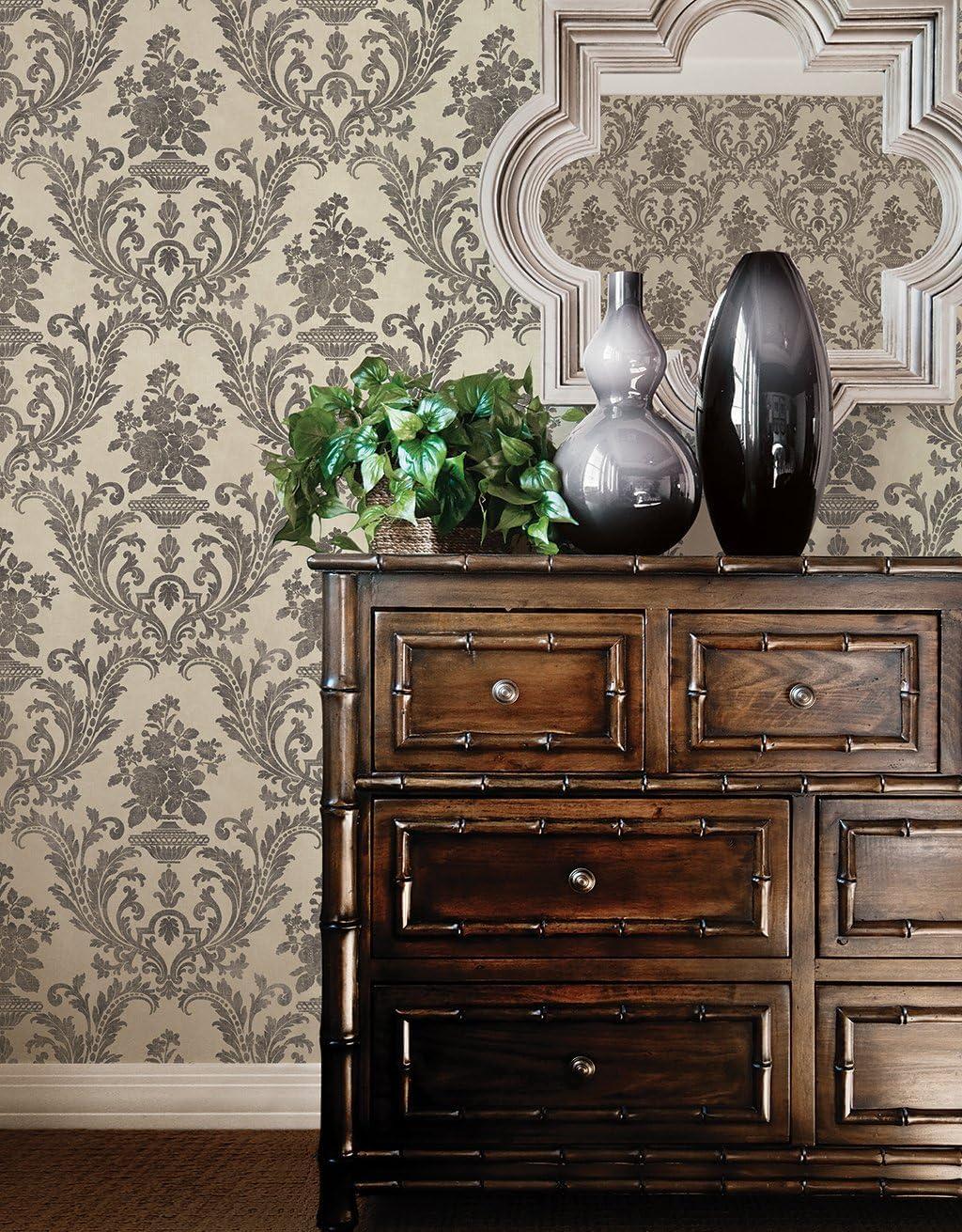 Beige and Black Damask Pre-pasted Washable Wallpaper