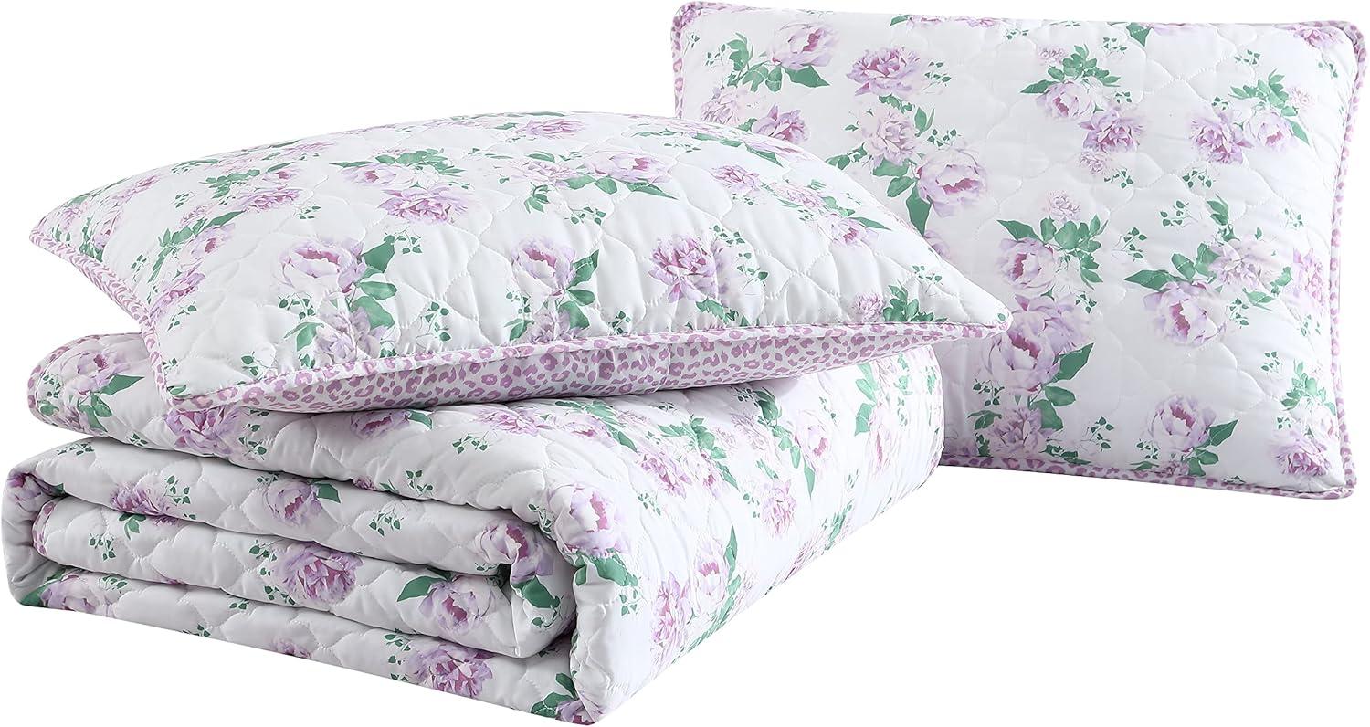 Blooming Roses Purple Microfiber Reversible Quilt Set