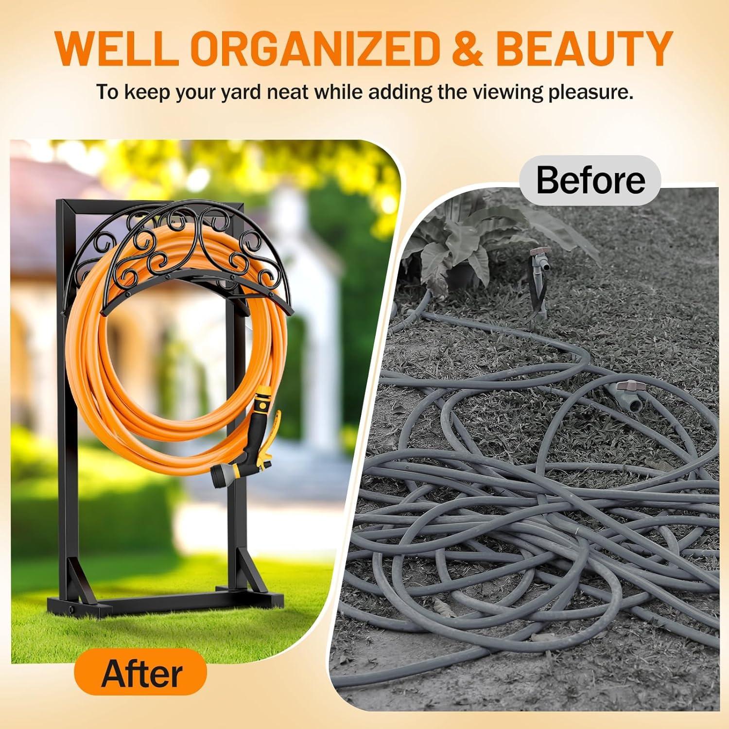 Garden Hose Holder for Outside - Upgraded Water Hose Holders with 5 Spikes & 2 Shepherds Hooks, Freestanding Hose Stand Heavy Duty Hose Hanger Hose Storage Hose Reel Rack for Outside Yard Lawn