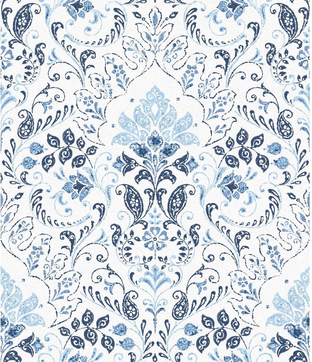 Blue and White Vinyl Damask Peel and Stick Wallpaper
