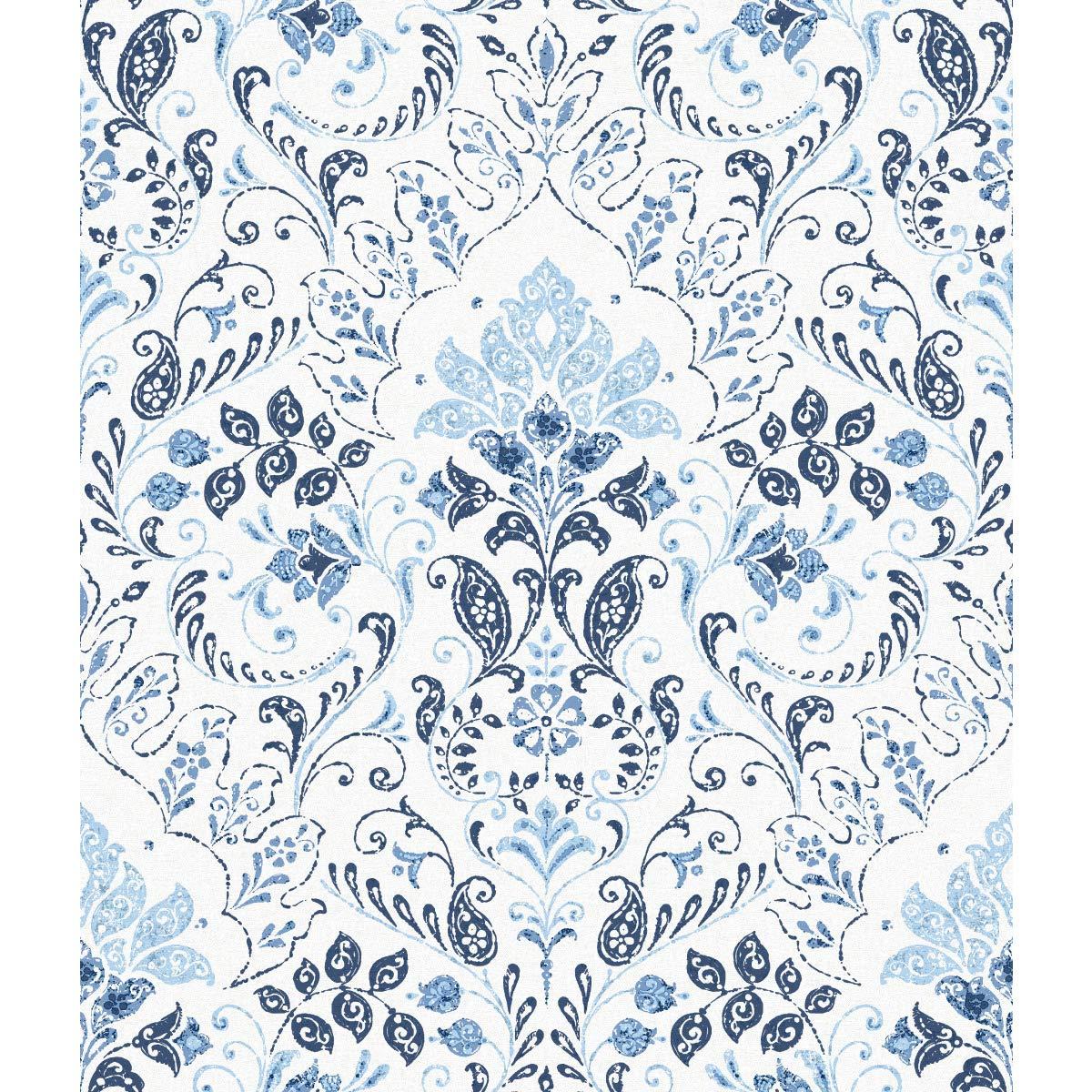 Blue and White Vinyl Damask Peel and Stick Wallpaper