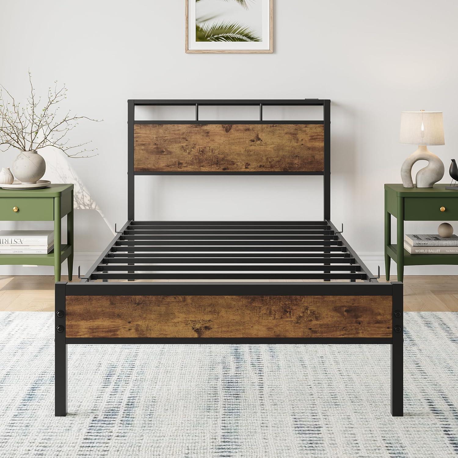 LegaHome Full Bed Frame, Metal Platform Bed with Storage Headboard and Charging Station, Strong Slat Support, Full Size Bed Frame for Kids Teens Adults, No Box Spring Needed, Black