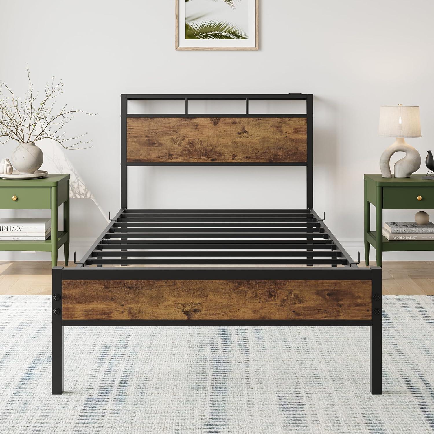 LegaHome Full Bed Frame, Metal Platform Bed with Storage Headboard and Charging Station, Strong Slat Support, Full Size Bed Frame for Kids Teens Adults, No Box Spring Needed, Black