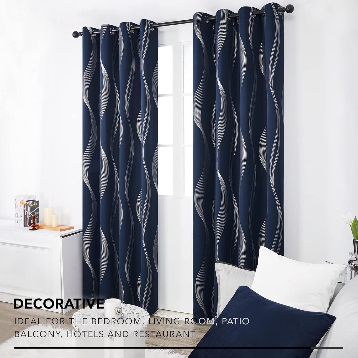 Deconovo Grommet Wave Line Foil Printed Thermal Insulated Blackout Curtains for Children 2 Panels 52x84 inch Navy Blue