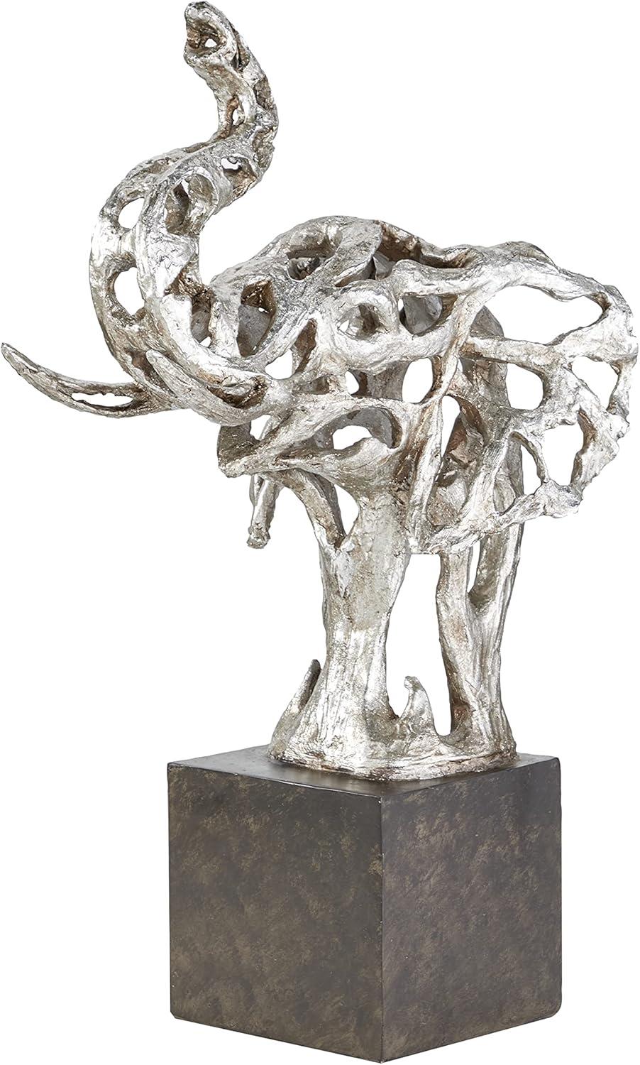 DecMode 15"W, 25"H Polystone Eclectic Elephant Sculpture, Silver