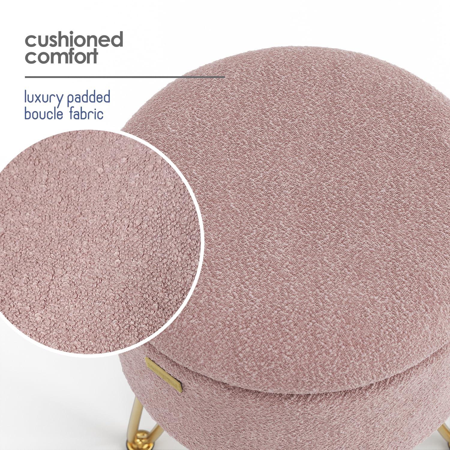 StorageBud Round Ottoman with Storage, Boucle Storage Ottoman, Modern Foot Stool Ottoman for Living Room and Bedroom, Pink/Gold Legs