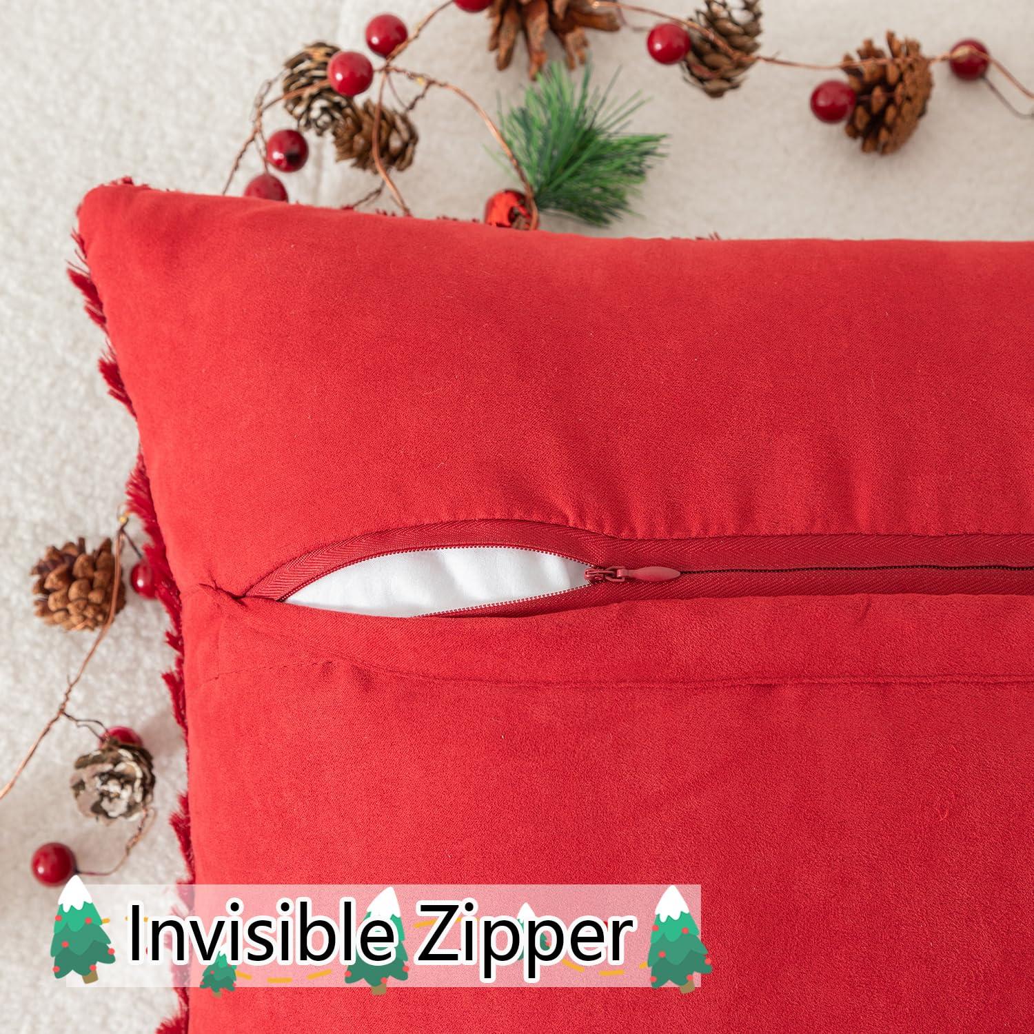 UGASA Pillow Covers 20x20 Inch Set of 2 Soft Plush Faux Fur Christmas Tree Decorative Luxury Jacquard Throw Pillows Pillowcases for Couch Sofa Holiday Festivals Home Decor, Burgundy