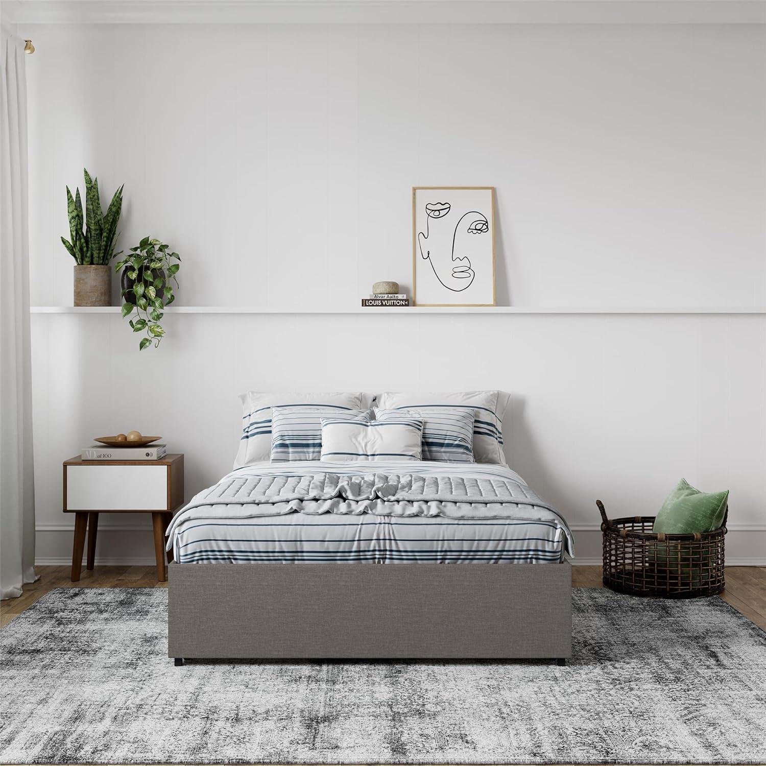 Full Grey Linen Upholstered Platform Bed with Storage Drawers