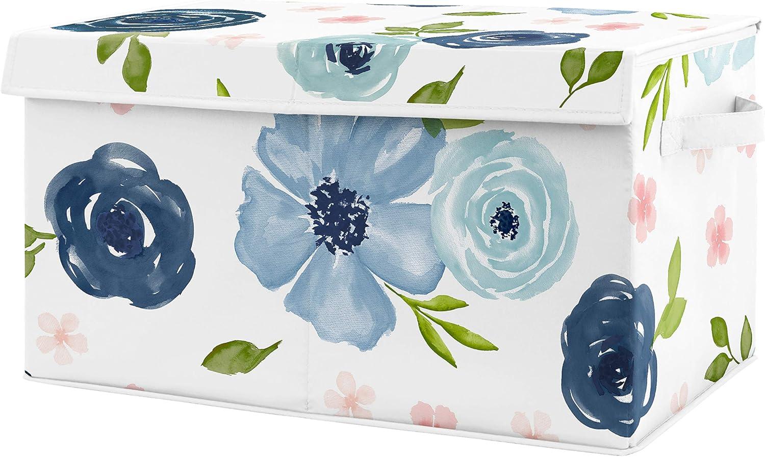 Blue and Pink Floral Fabric Storage Toy Bin with Lid