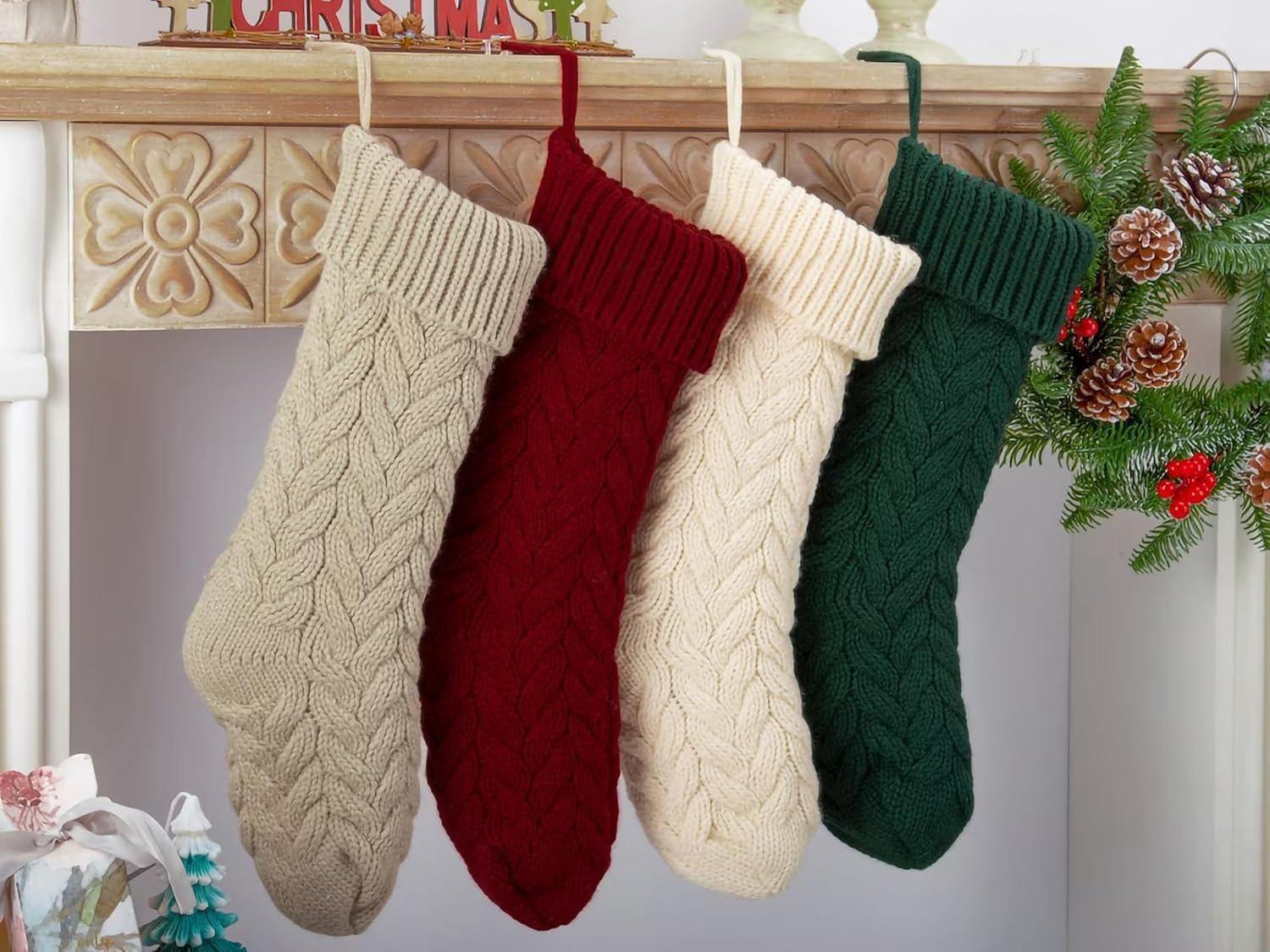 Husfou 4 Pack Christmas Knitted Splicing Stockings, 18 inch Large Cable Knitted Xmas Stockings Decorations for Indoor Family Holiday Christmas Party