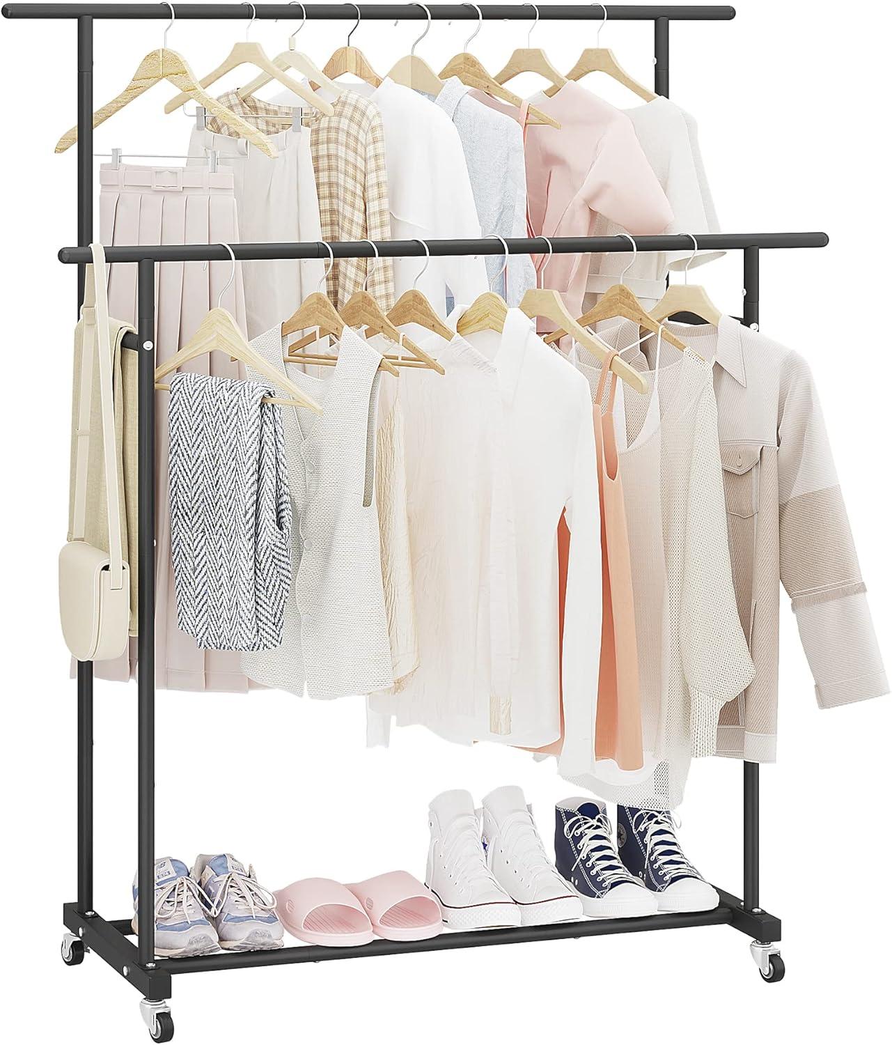 Adjustable Stainless Steel Double Rod Rolling Clothes Rack