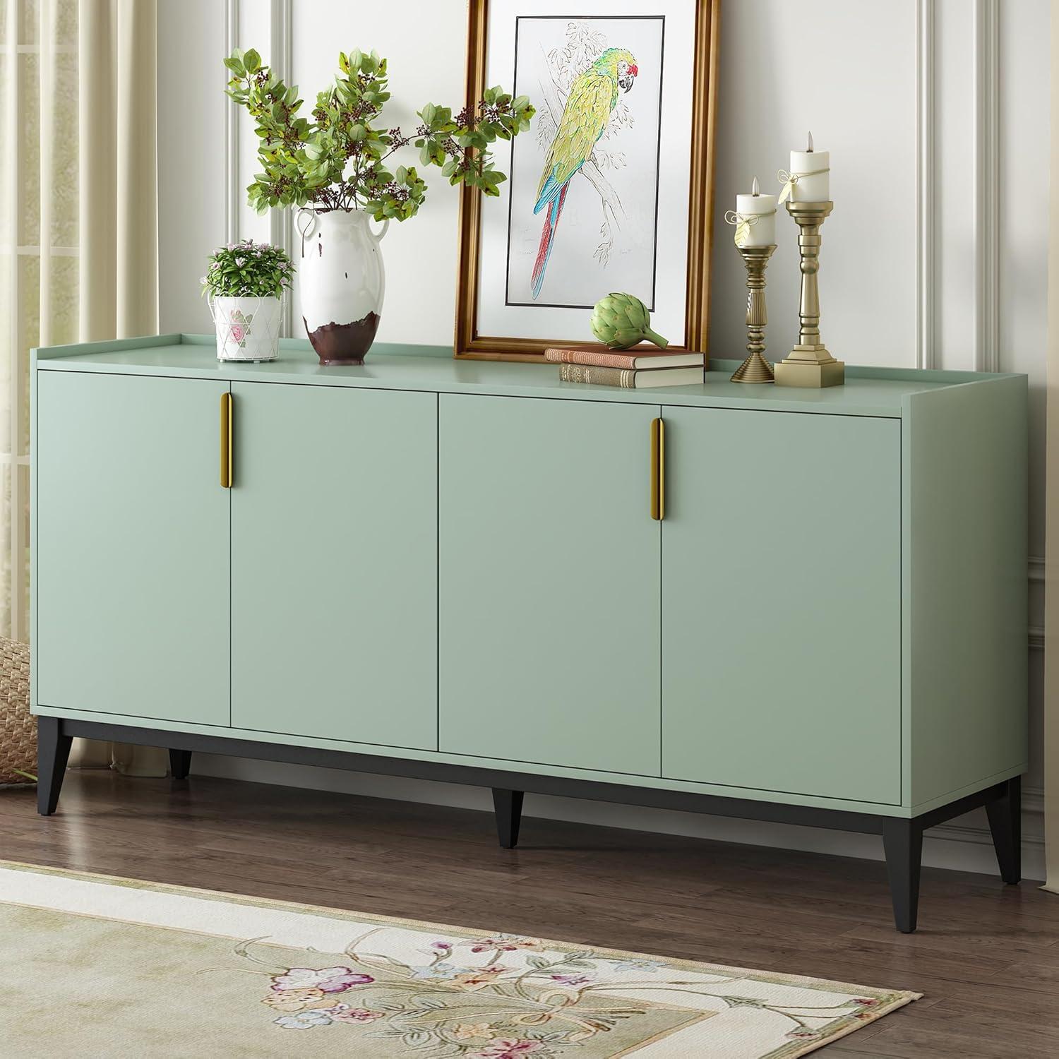 Green MDF and Wood 63-Inch Sideboard Cabinet with Gold Accents