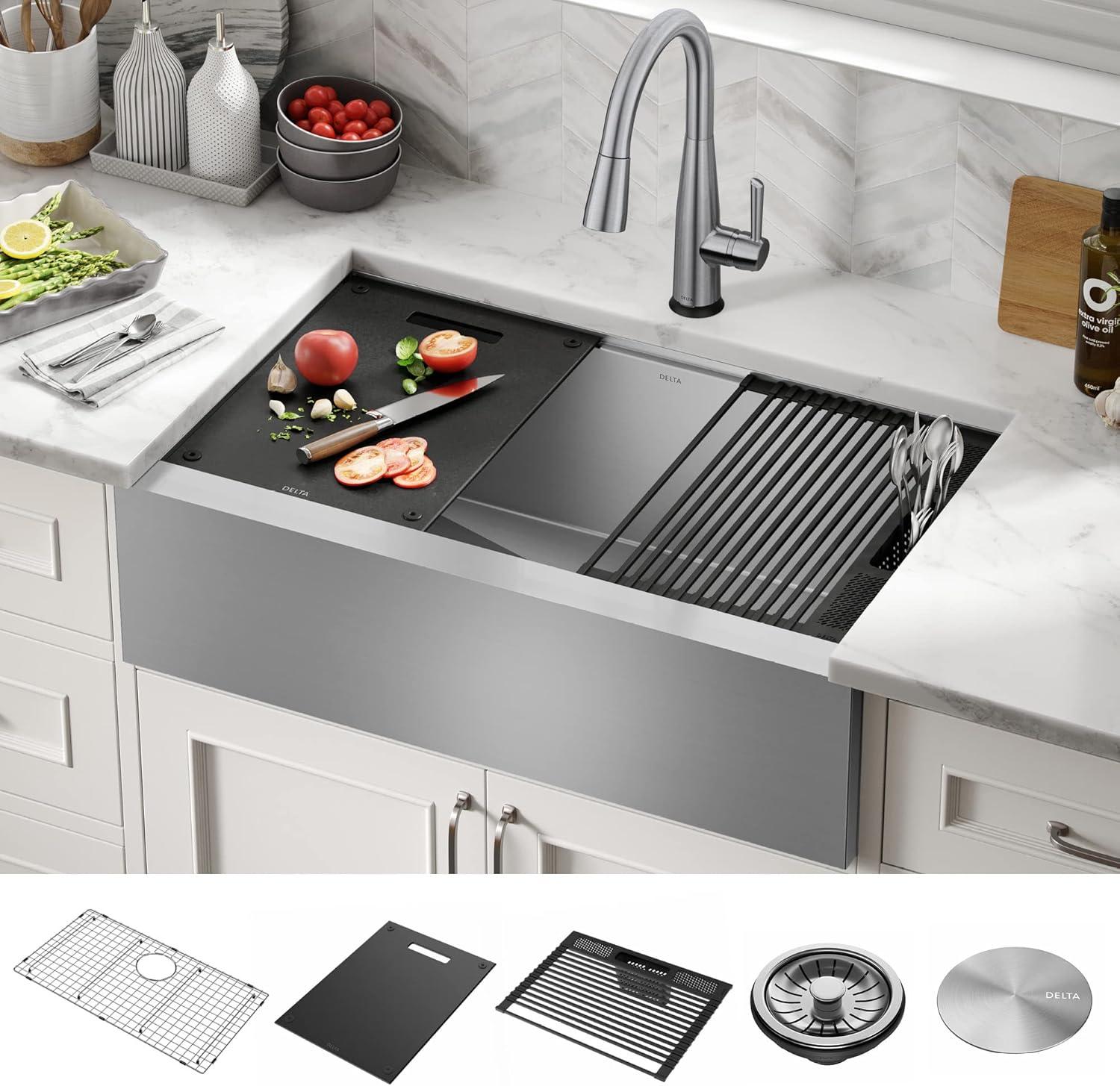 Delta Rivet™ 33" L Workstation Farmhouse Apron Front Kitchen Sink Undermount 16 Gauge Stainless Steel Single Bowl