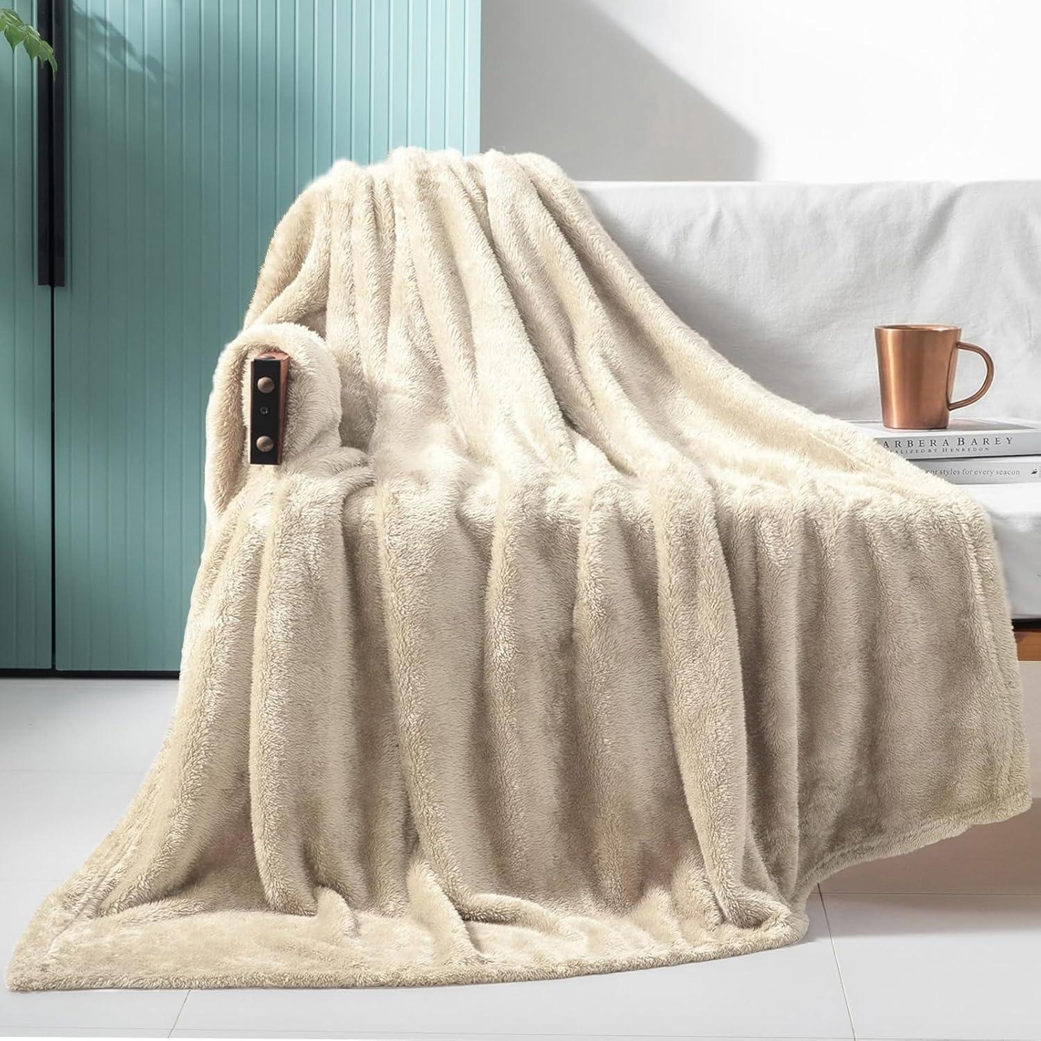 Exclusivo Mezcla Plush Fuzzy Large Fleece Throw Blanket (50" x 70", Beige)- Soft, Warm and Lightweight