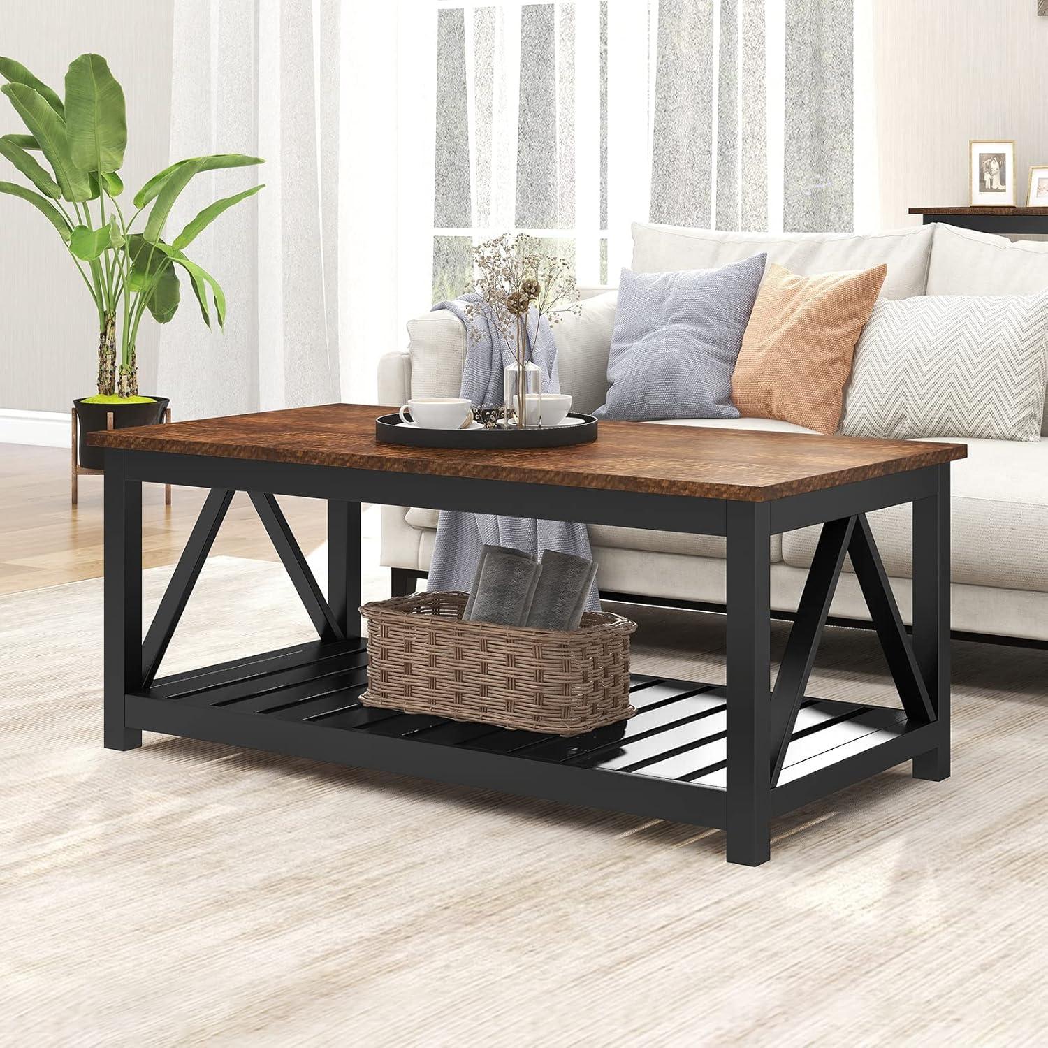 Rustic Brown and Black Wood Coffee Table with Shelf