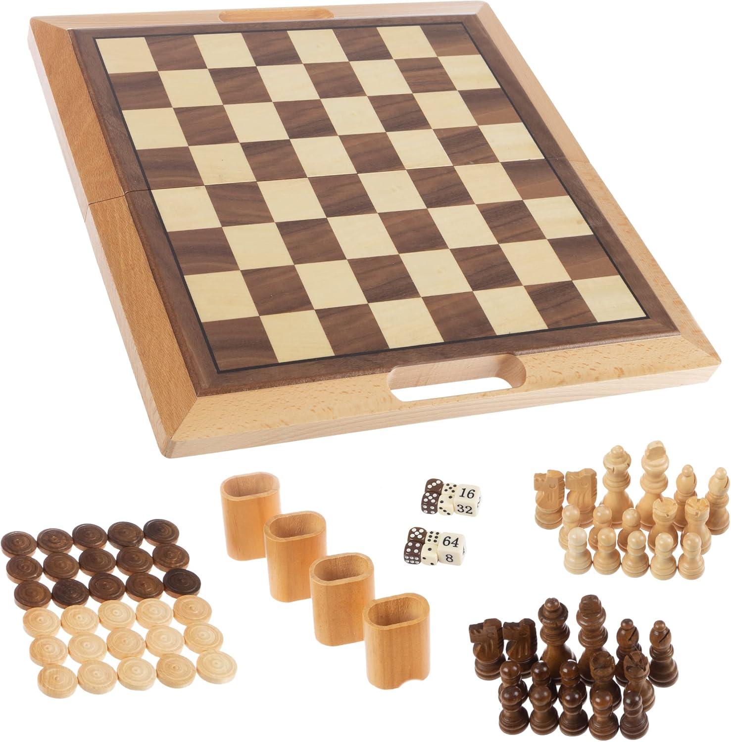 Deluxe Wooden Chess, Checker and Backgammon Set, Brown