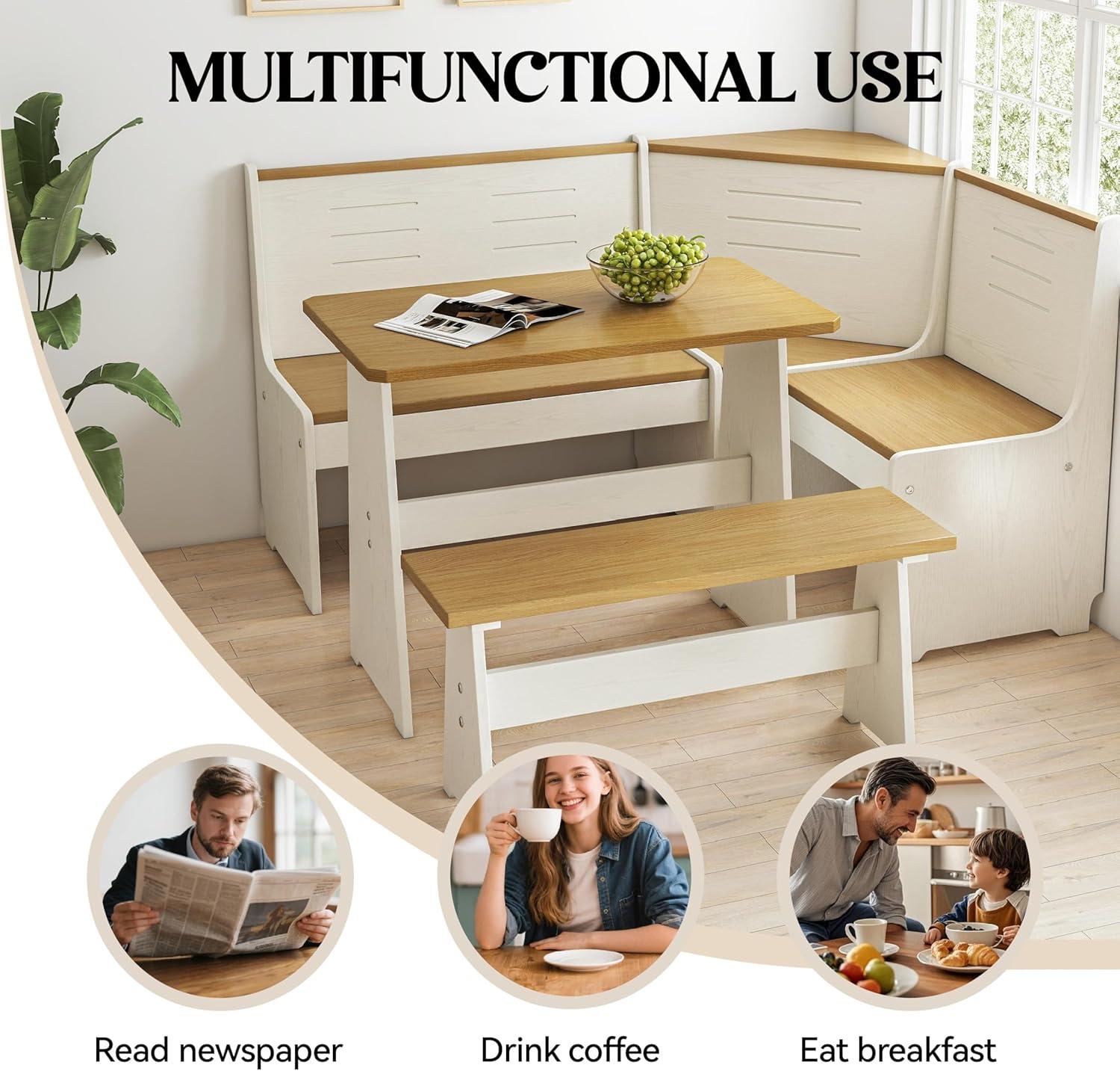 Breakfast Nook Corner Dining Table Kitchen Bench Chair Set, Space-Saving 3-5 People Seat Reversible L-Shape for Family Home White Wood
