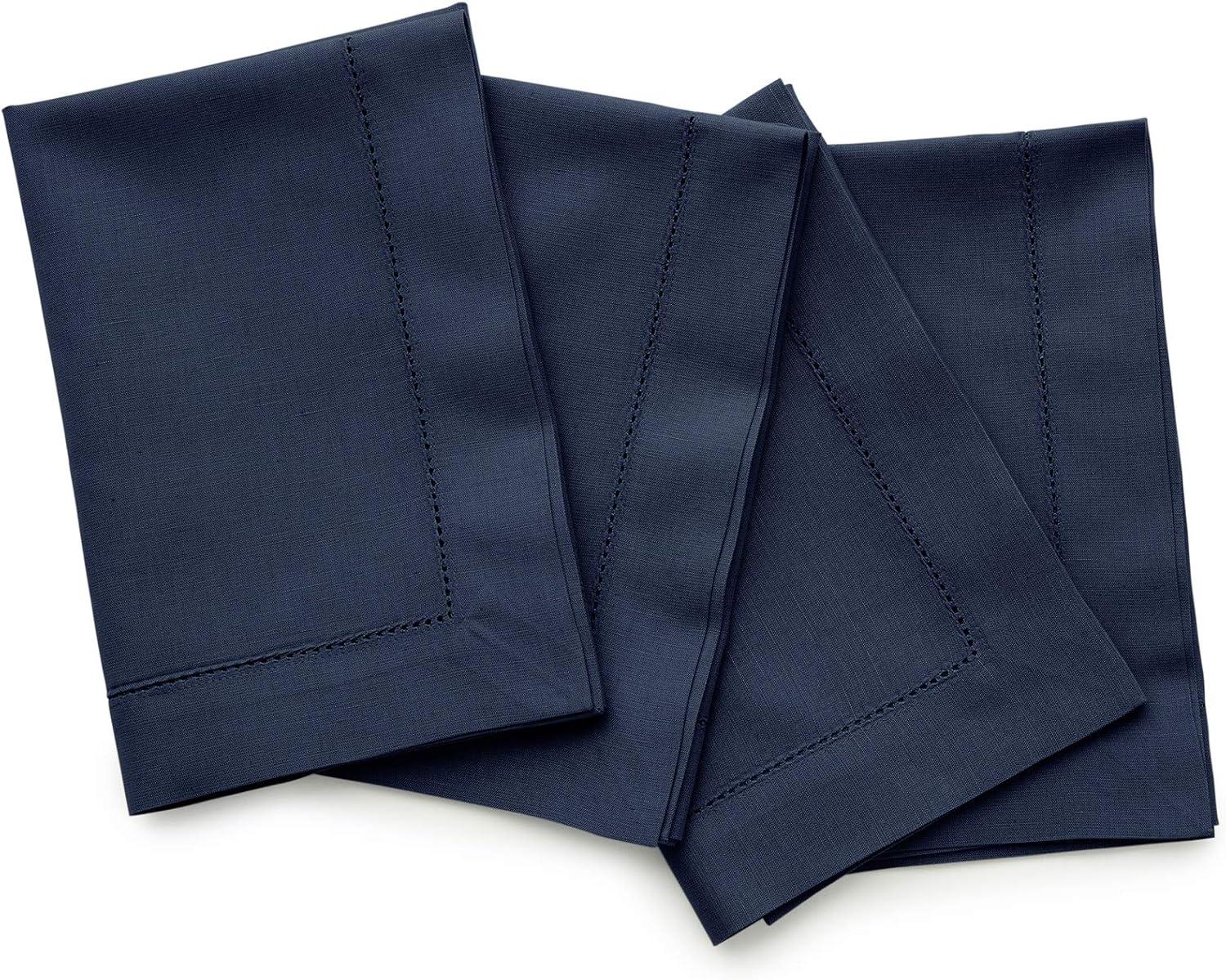 Navy Cotton Linen Hemstitch Dinner Napkins Set of 4