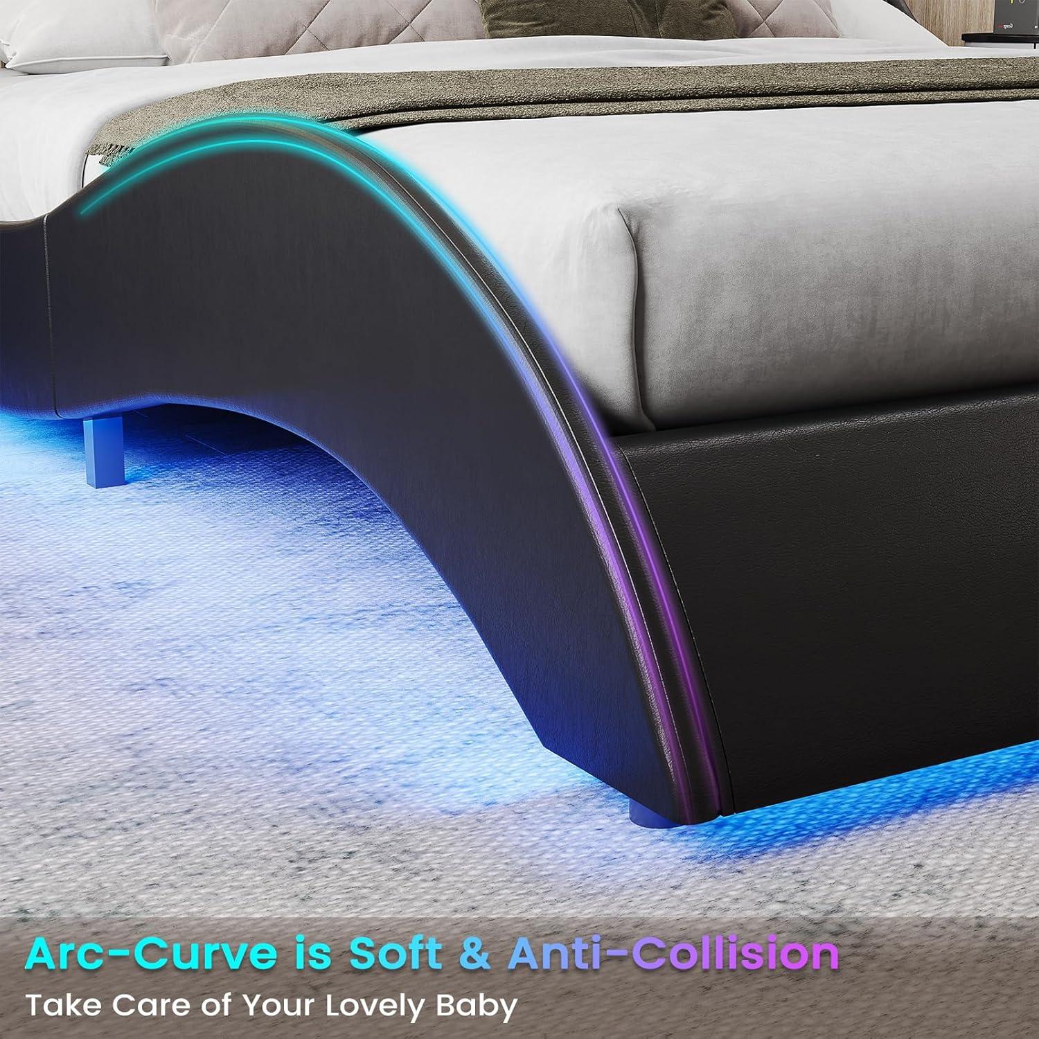 Queen Bed Frame Wave Like Curve Upholstered Platform Bed Frame with RGB Led Lights Underneath, Strong Wood Slats Support,Black