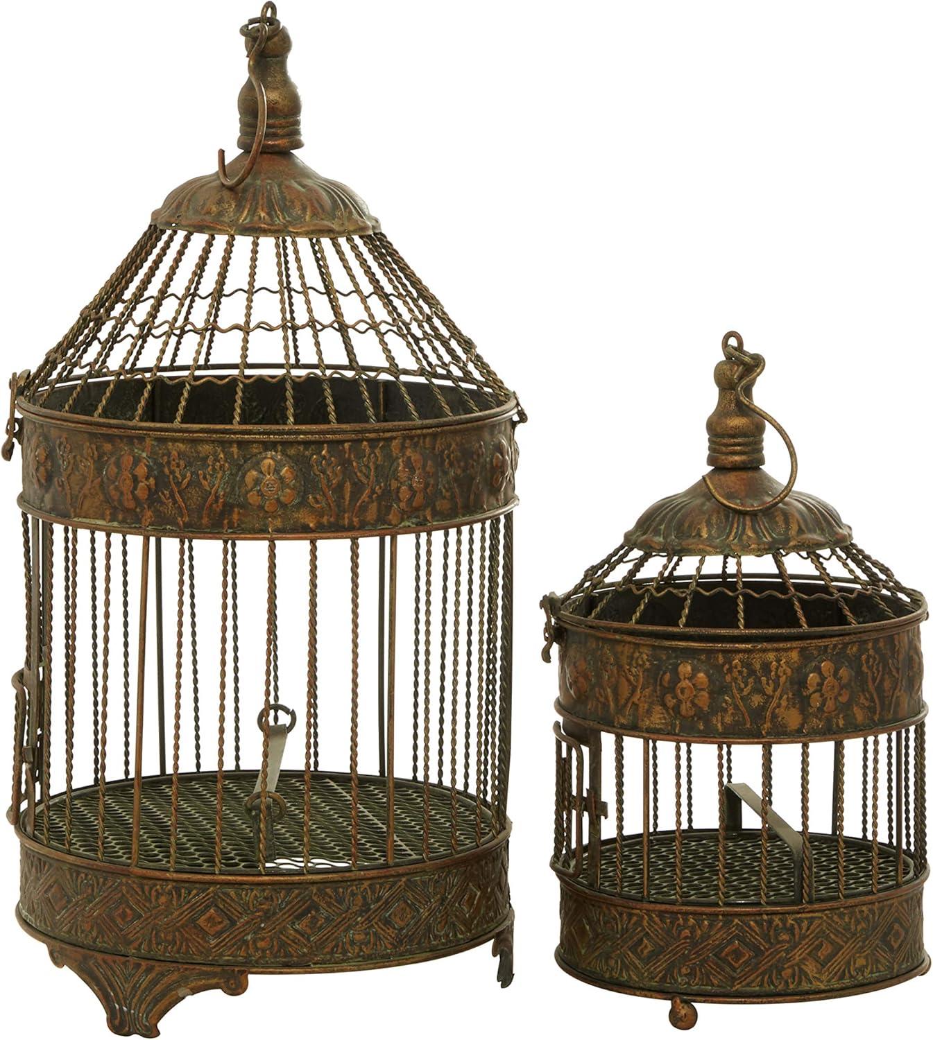 DecMode Hinged Top Bronze Metal Birdcage with Latch Lock Closure and Top Hook, Set of 2