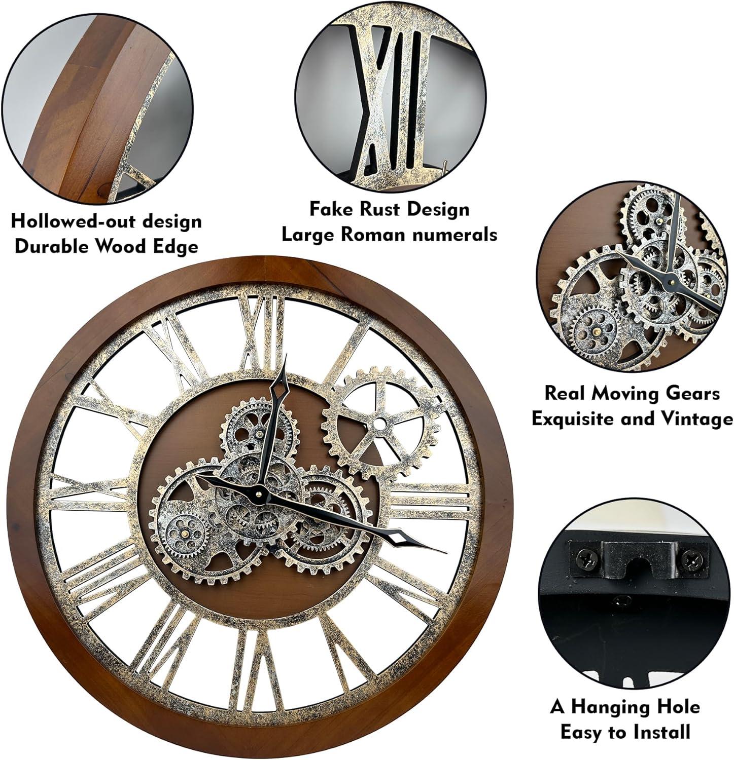 Wall Clock 24" Round Oversized for Living Room decor with Real Moving Gears America Collection