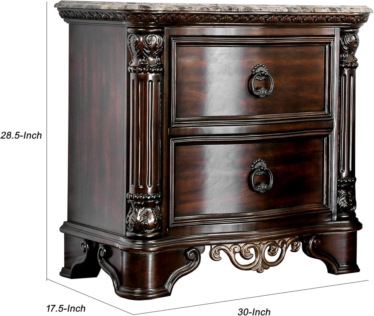 Benzara  28.5 x 30 x 17.5 in. Transitional Wood Night Stand with Genuine Marble Top, Brown