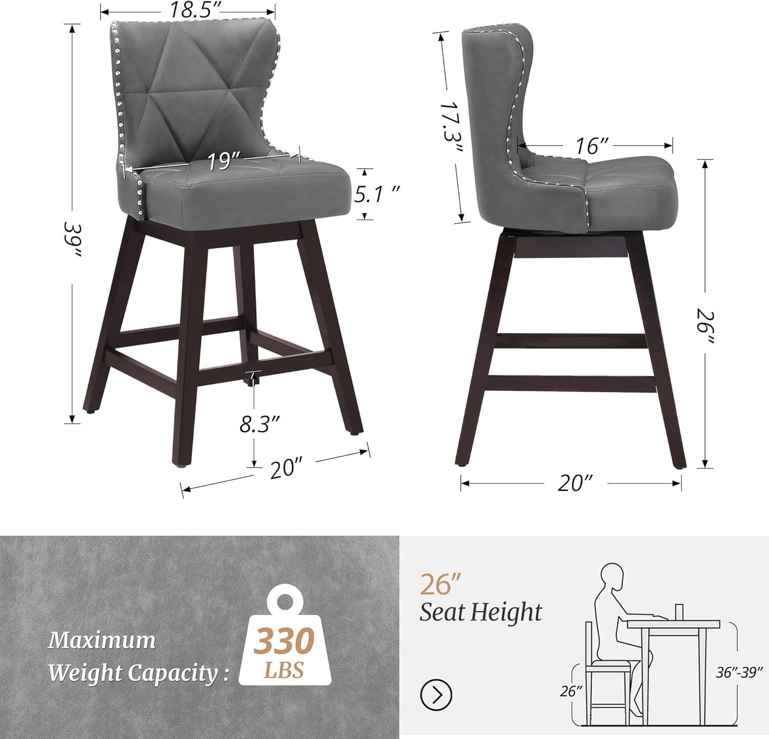 Dycanpo 26" Swivel Bar Stool Set of 3 with Upholstered Back, for Home Kitchen, Dark Gray