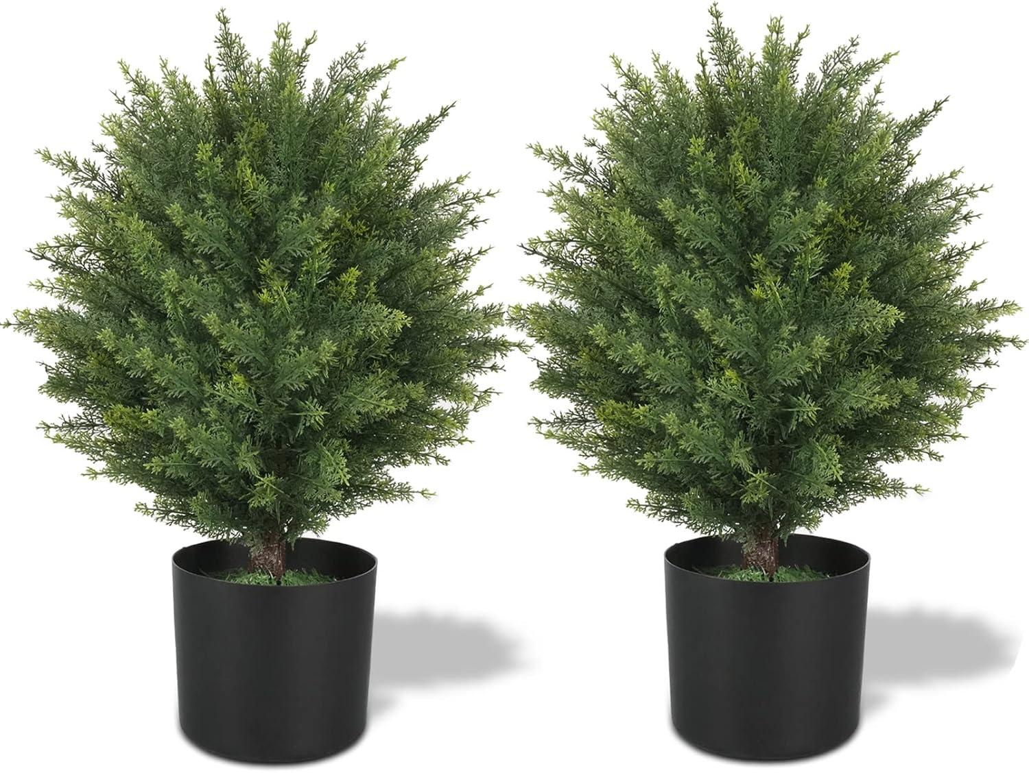 Two 21''T Artificial Topiary Ball Tree UV Resistant Artificial Shrubs Potted Artificial Cedar Tree for Outdoor Indoor Front Porch Garden