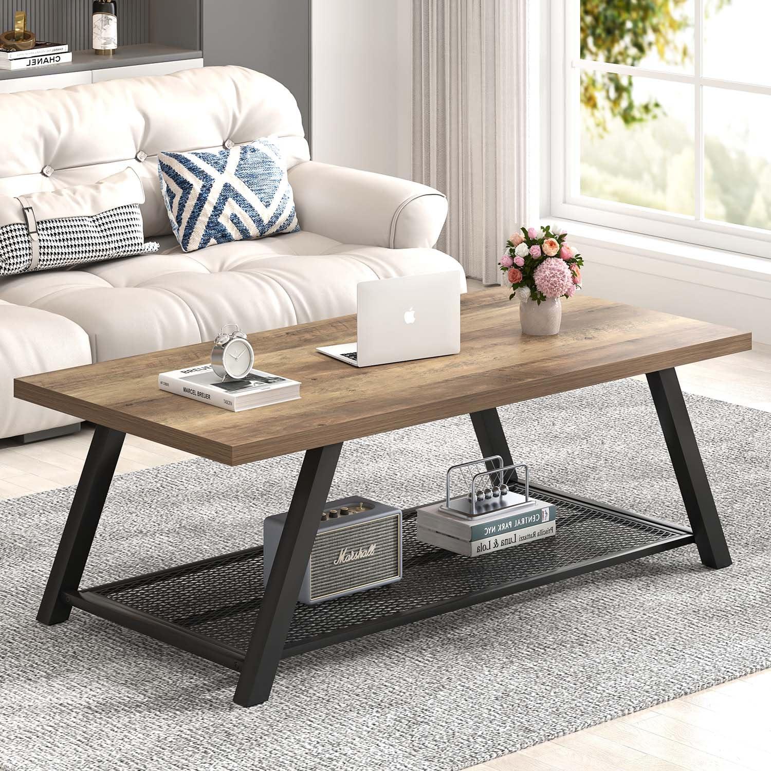 FOLUBAN Coffee Table, Modern Rustic Wood and Metal Center Table with Storage, Industrial Cocktail Tea Table for Living Room, Oak, 47 Inch