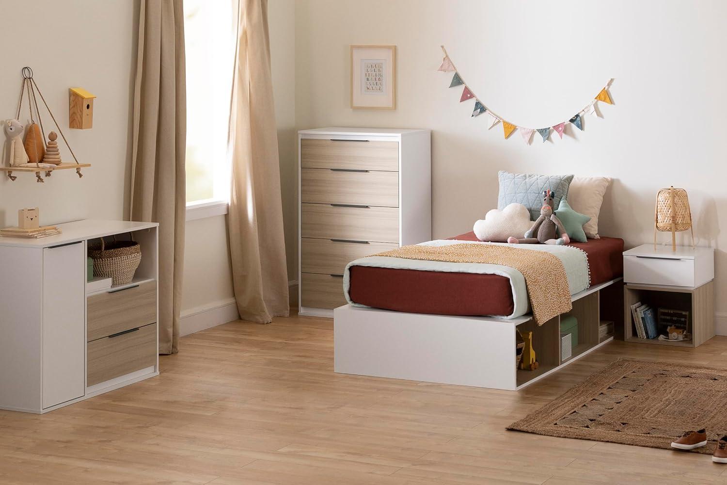 Twin Soft Elm and White Wood Platform Bed with Storage