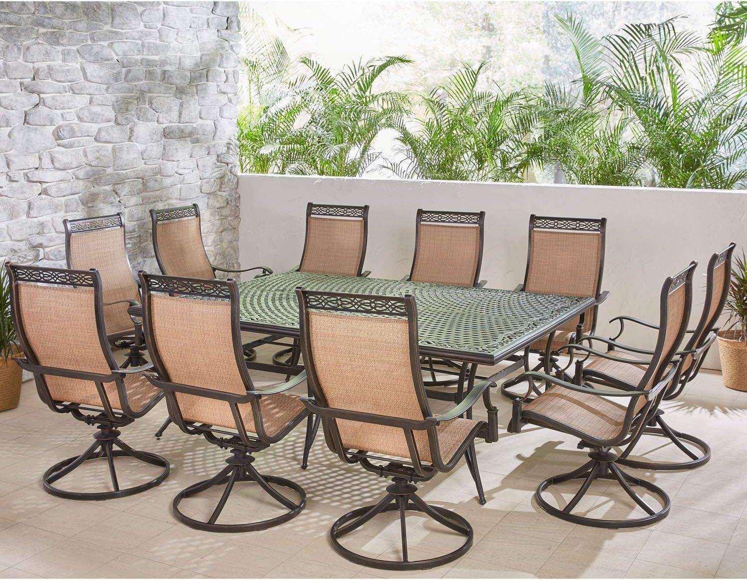 Hanover Manor 11-Piece Outdoor Dining Set in Cedar with 10 Contoured Swivel Rockers and 60" x 84" Cast-Top Table