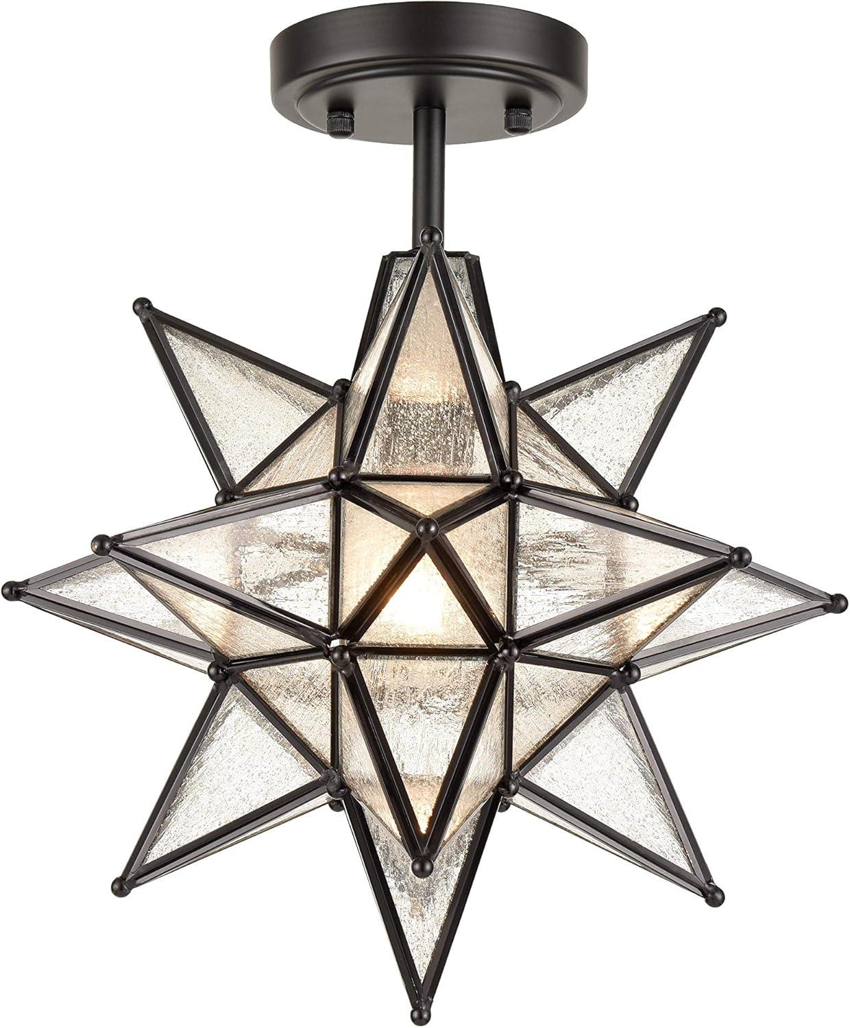 TANMAO  10-Inch Moravian Star Ceiling Light, Boho Moroccan Lamp with Seeded Glass Shade, Moravian Star Ceiling Light Modern Brass Flush Mount Lights for Office, Living Room, Dining Room, Kitchen