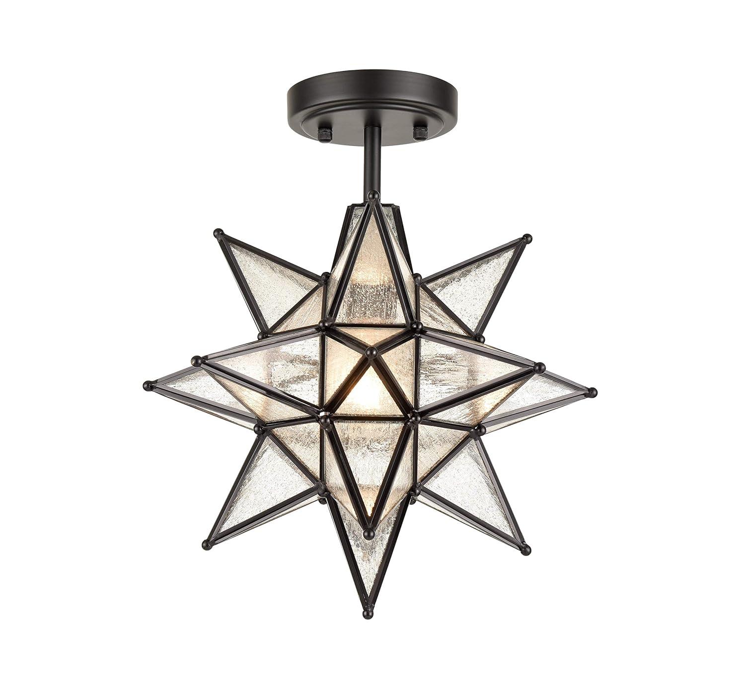 TANMAO  10-Inch Moravian Star Ceiling Light, Boho Moroccan Lamp with Seeded Glass Shade, Moravian Star Ceiling Light Modern Brass Flush Mount Lights for Office, Living Room, Dining Room, Kitchen