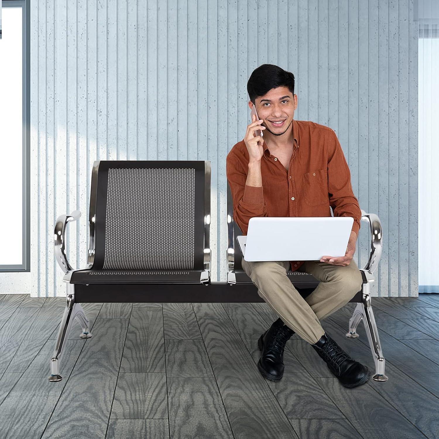 Kinbor Sillas de Sala de Espera, Sillas de Recepción de 3 Asientos, Muebles de Oficina para Invitados, Asientos para Banco de Aeropuerto, Hospital, Negro