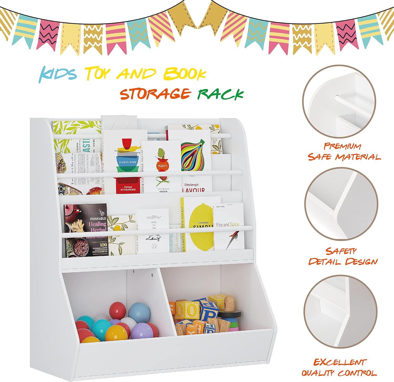 UTEX Kids Bookshelf Toy Organizer with Rolling Toy Box, White, 23.62” W x 11.8” D x 35.43” H