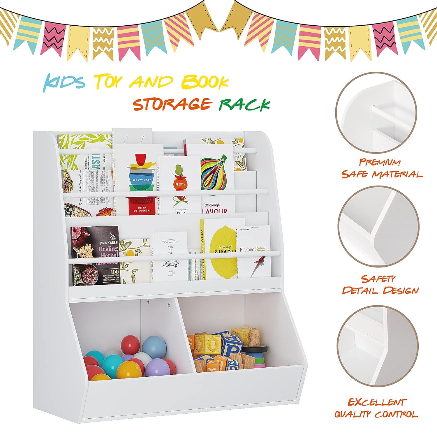 UTEX Kids Bookshelf Toy Organizer with Rolling Toy Box, White, 23.62” W x 11.8” D x 35.43” H