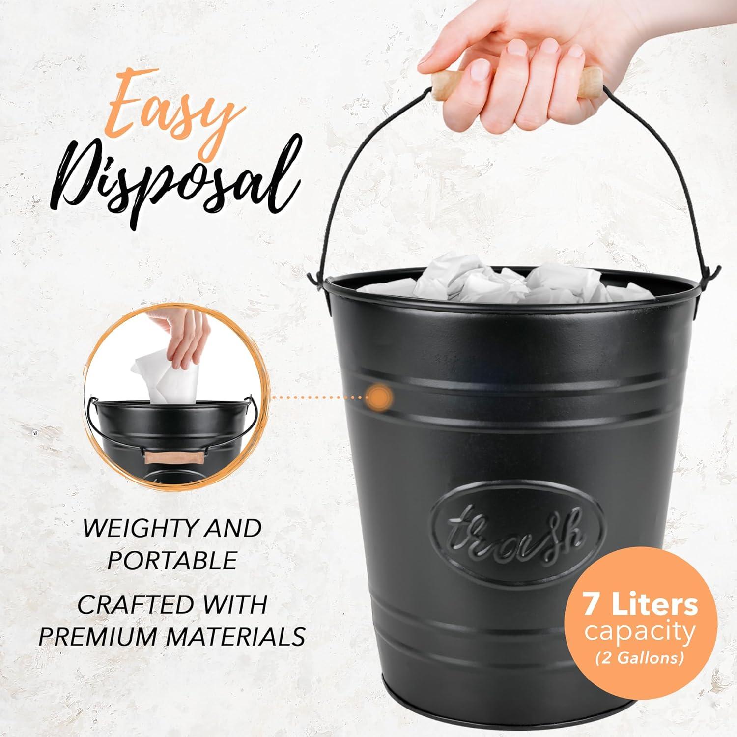 Matte Black Galvanized Metal Trash Can with Wooden Handle