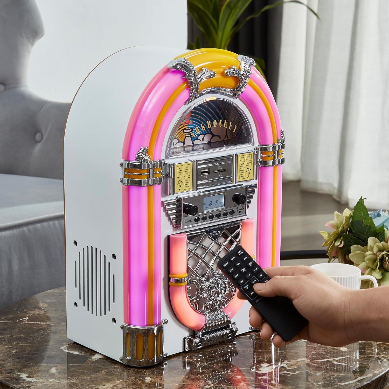 Arkrocket Athena Mini Jukebox/Tabletop CD Player/Bluetooth Speaker/Radio/USB and SD Card Player with Retro LED Lighting System (Pink White)