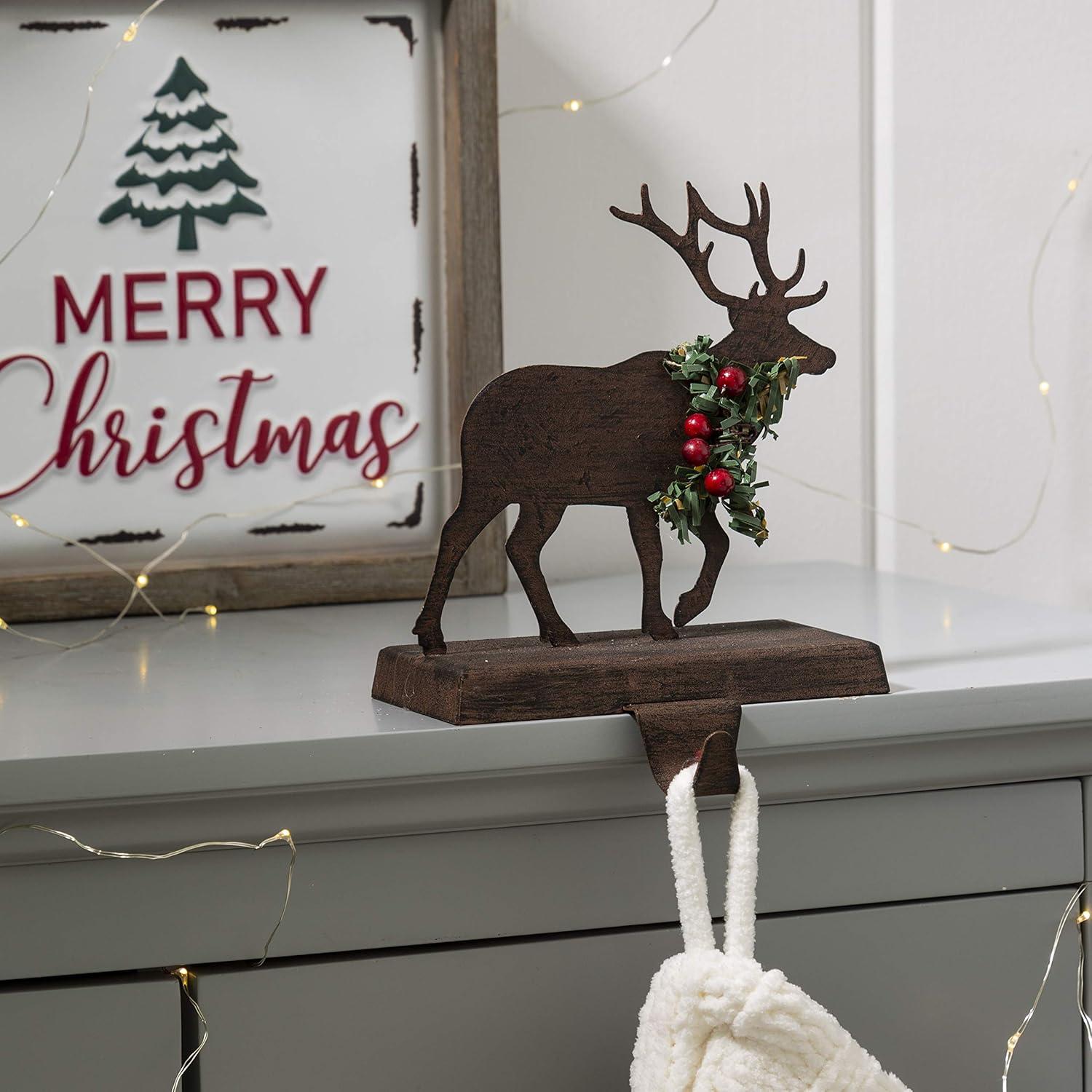 6.5" Brown and Green Unique Wooden Reindeer Stocking Holder