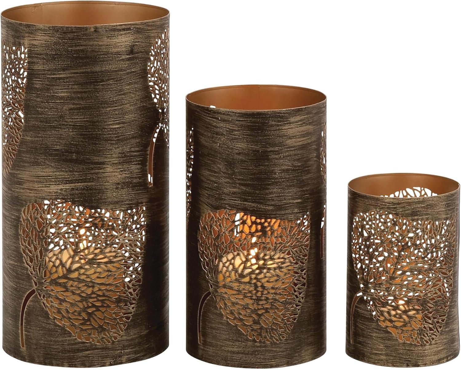 DecMode 3 Holder Copper Metal Leaf Decorative Candle Lantern, Set of 3