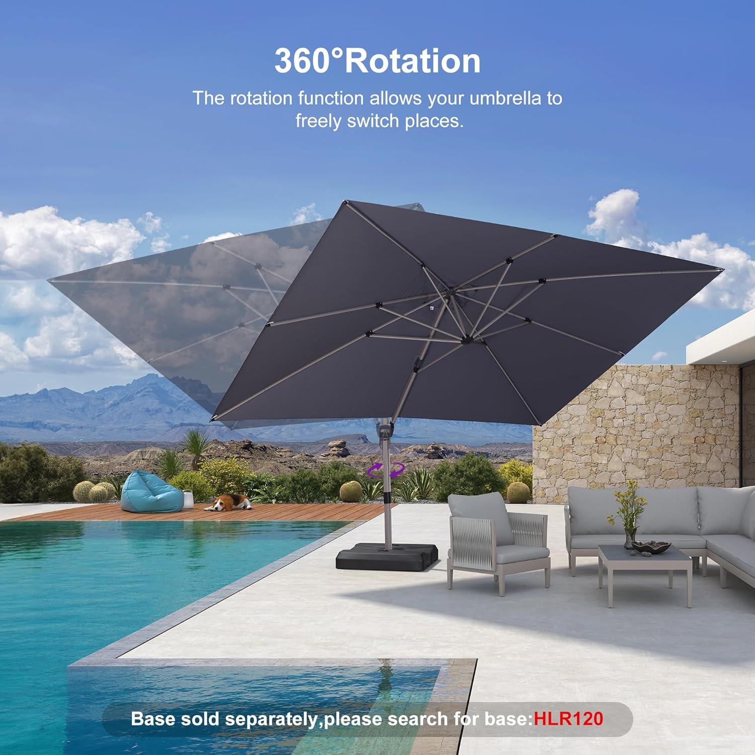 PURPLE LEAF 10' X 13' Patio Umbrella, Rectangle Outdoor Cantilever Umbrella, Aluminum Offset Umbrella with Champagne Frame and 360° Rotation for Pool Deck Garden, Light Grey