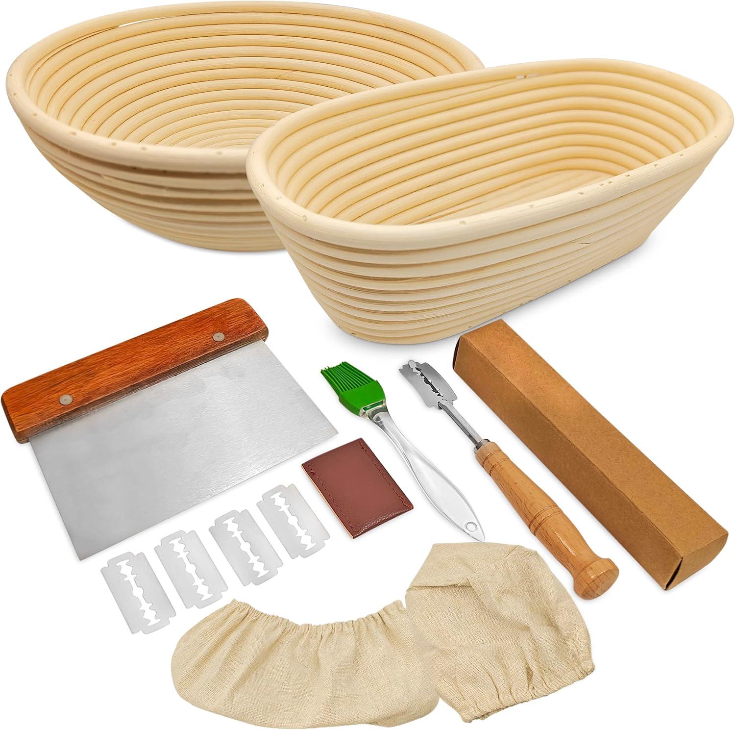 Bread Banneton Proofing Basket Set Of 2, 9 Inch Round & 10 Oval Cane Sourdough Baskets With Lame + Dough Scraper Linen Liner Basting Brush For Making Baking Fermentation