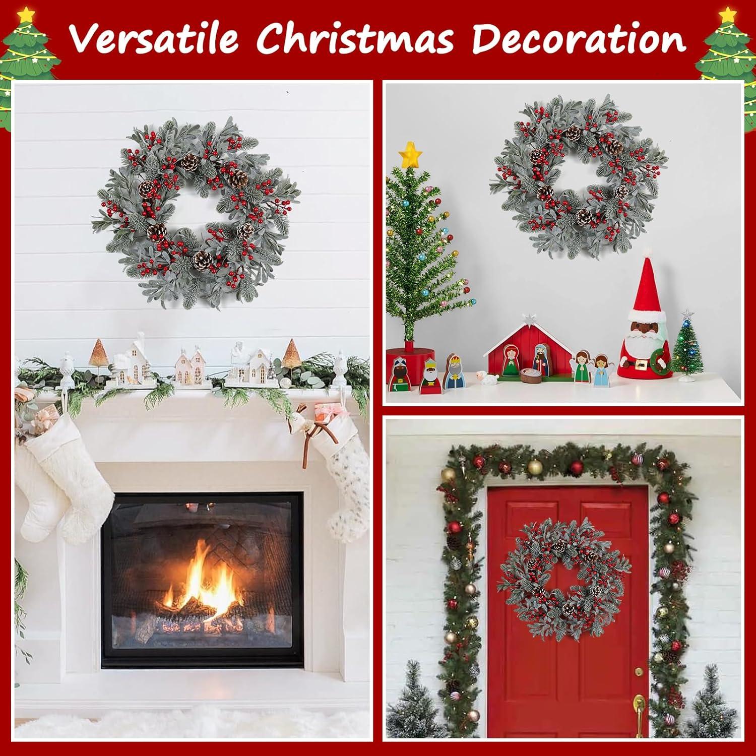 20 Inches Christmas Wreath,Artificial Christmas Wreaths For Front Door Christmas Grapevine Wreath With Pine Needles Pine Cones And Red Berries For Home Decor Christmas Winter Decorations