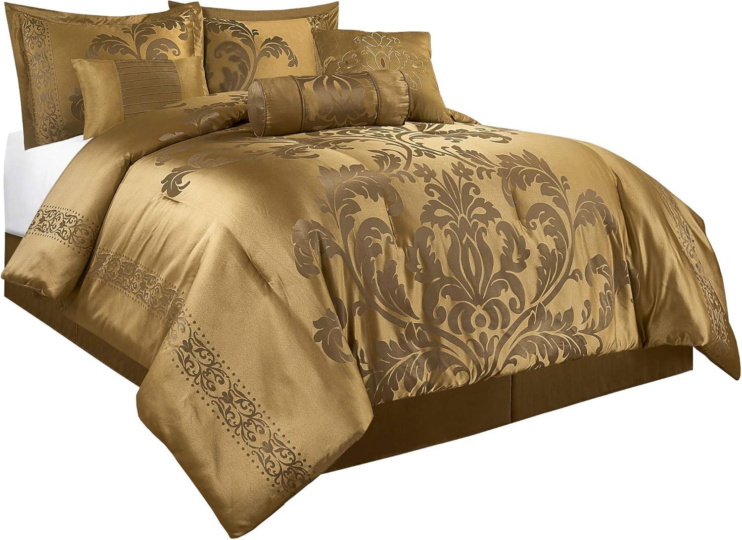 Chezmoi Collection Royal Luxury Jacquard Floral Comforter Set, Queen, Gold, 7-Piece