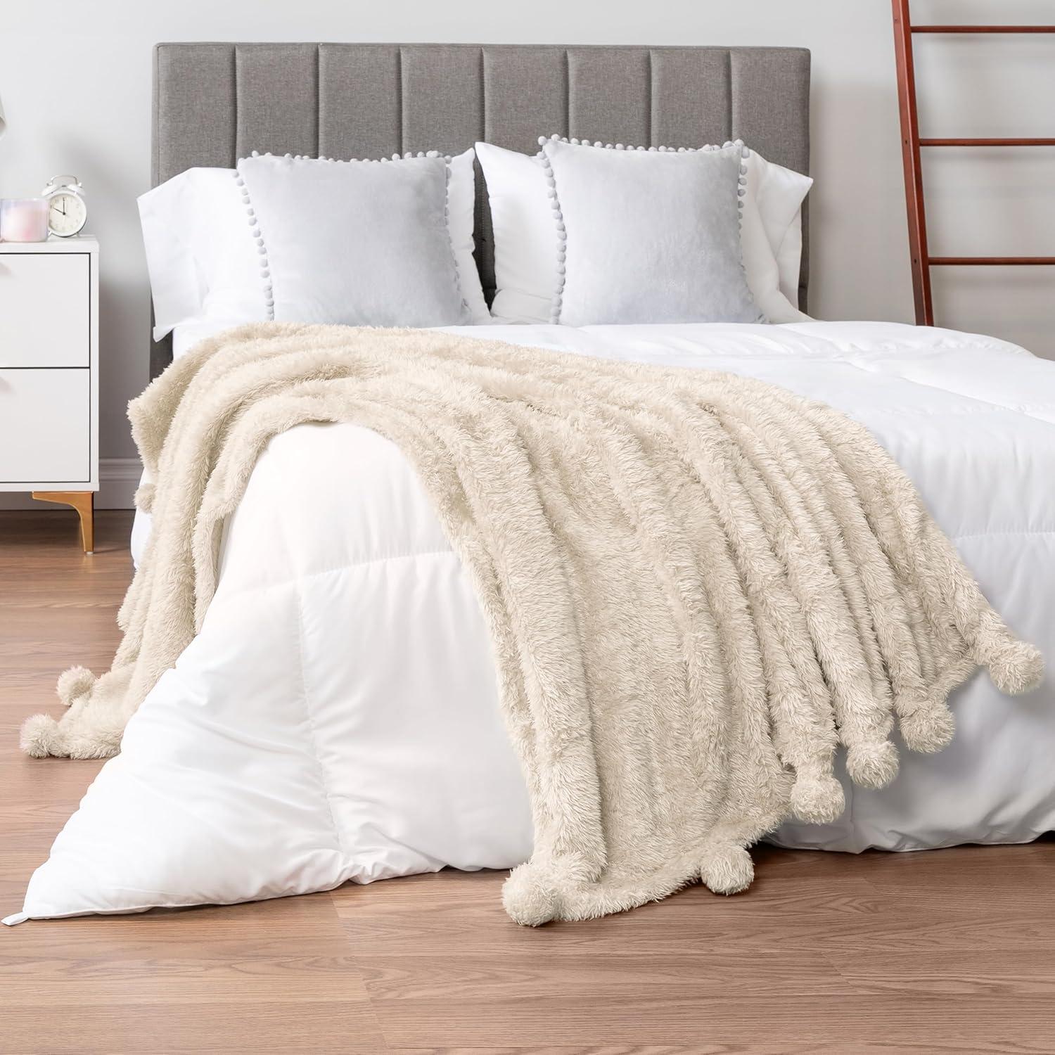 Ivory Cream Sherpa Fleece Throw Blanket with Pom Poms