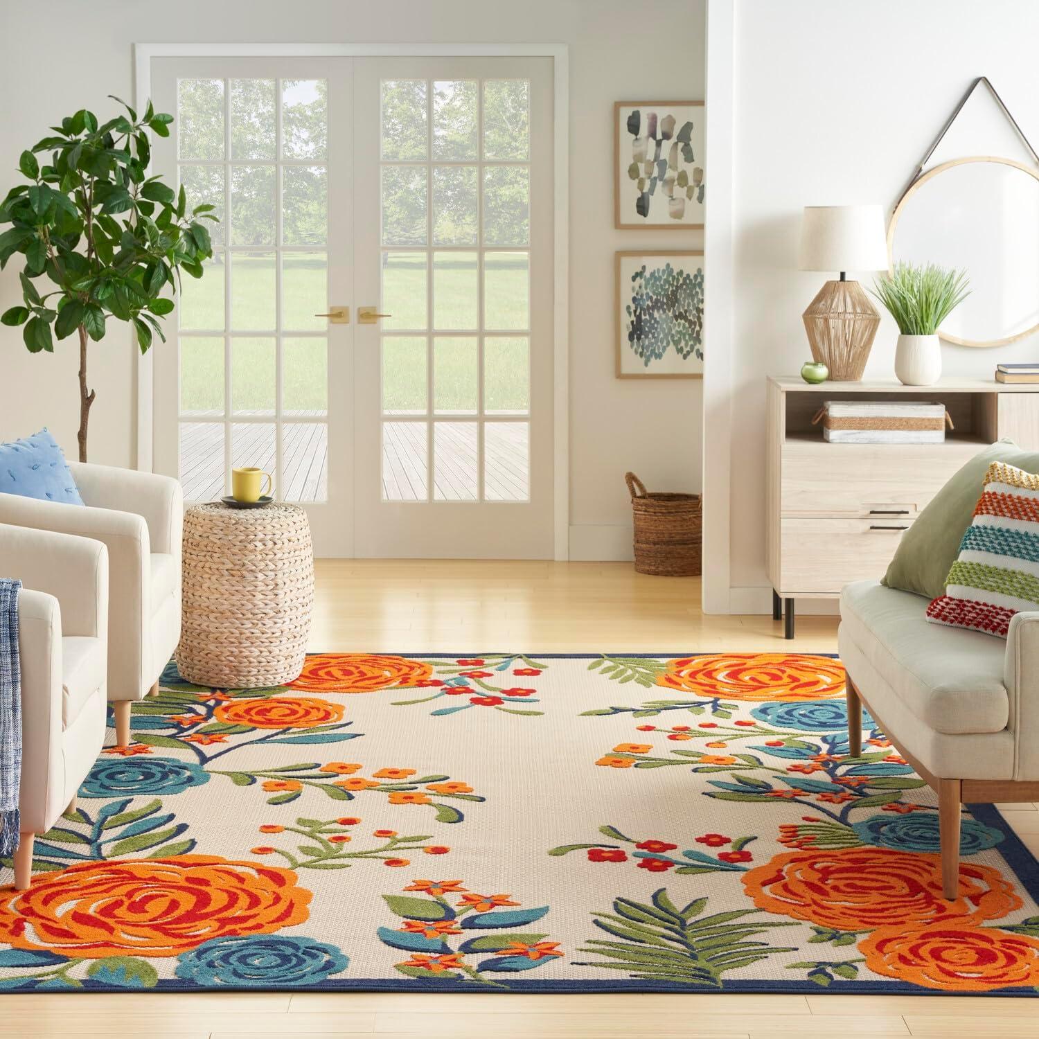 Nourison Aloha Contemporary Floral Border Outdoor Rug