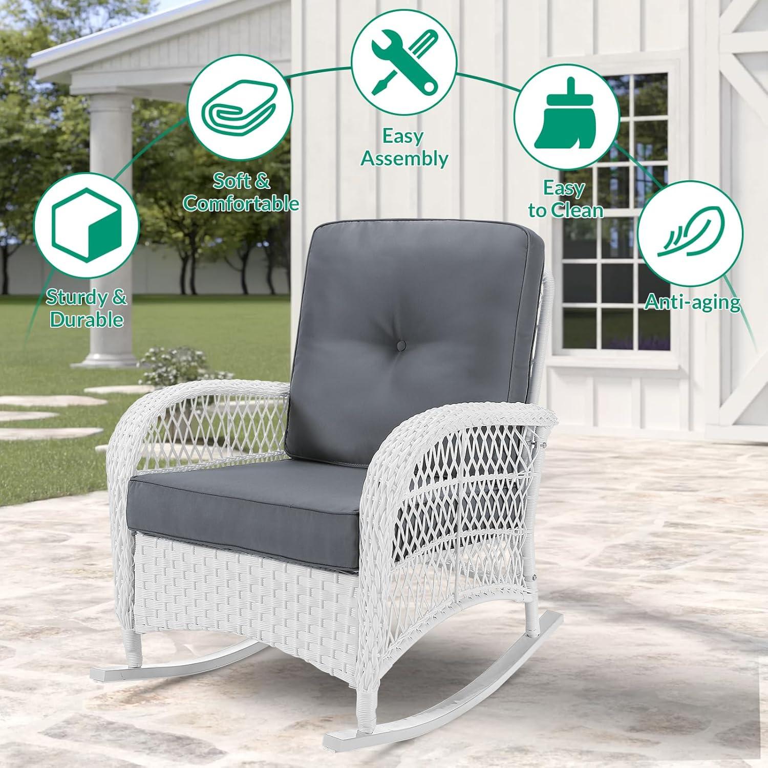 Highland Dunes Highland Dunes Outdoor Wicker Rocking Chair, Rattan Patio Rocker Chairs With Cushions And High Back, All-Weather Patio Wicker Chair With Safe Rocking Design For Garden Backyard Porch, White Wicker