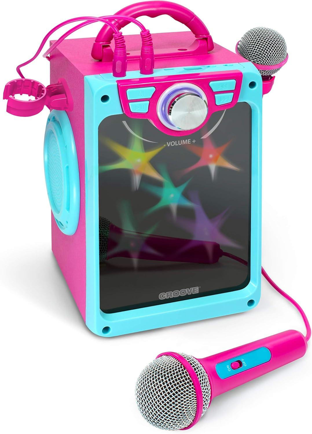 Pink Portable Kids Karaoke Machine with Disco Lights and 2 Microphones